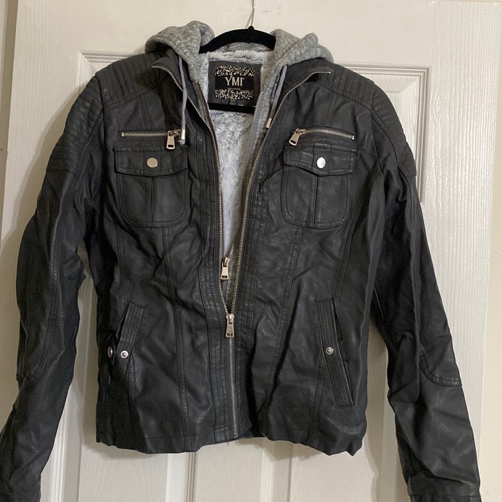 Faux Leather Utility Jacket with Faux fur lining and sweatshirt hoodie. Size M.